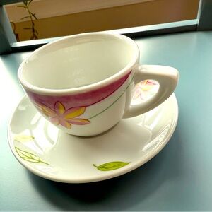 Floral Teacup and Saucer Set, Creamy White With Pink Flowers, Vintage